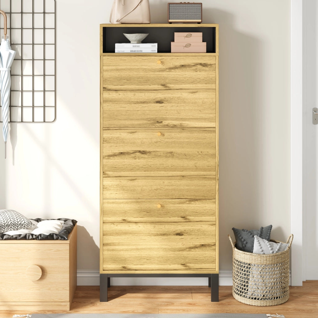 Mobile Scarpiera con 3 Ante a Ribalta e Vani Aperti; Stile Japandi; in MDF; 63×24×147 cm; Naturale