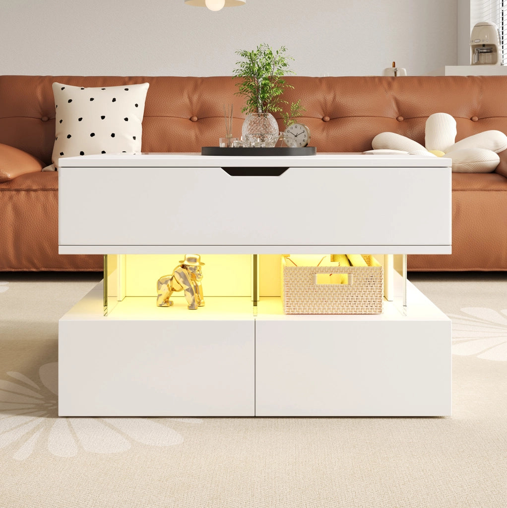 Tavolino da caffè elevabile bianco con LED a 16 colori, vetro e cassetti