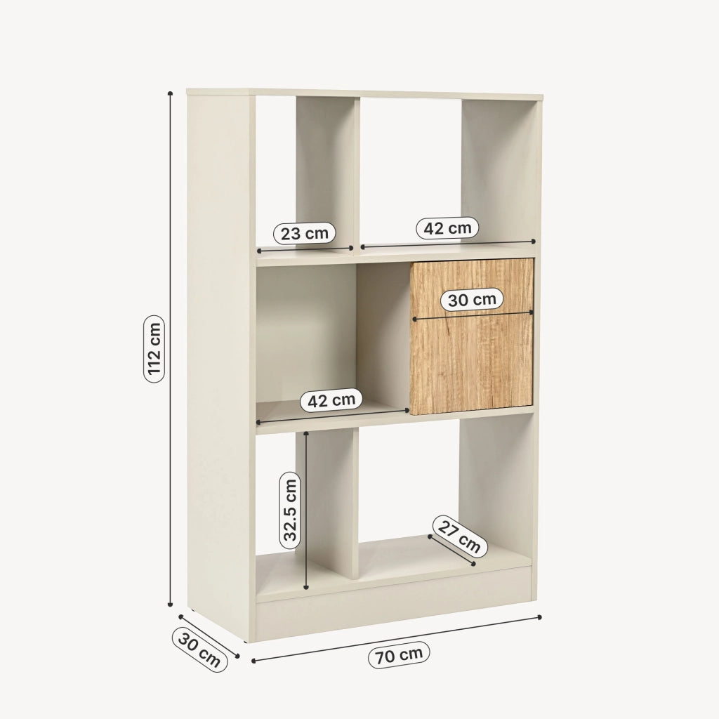 Libreria Karena Scaffale da Terra con Anta e 5 Vani Aperti 112x70x30 cm - Bianco Crema/Effetto Rovere [en.casa]