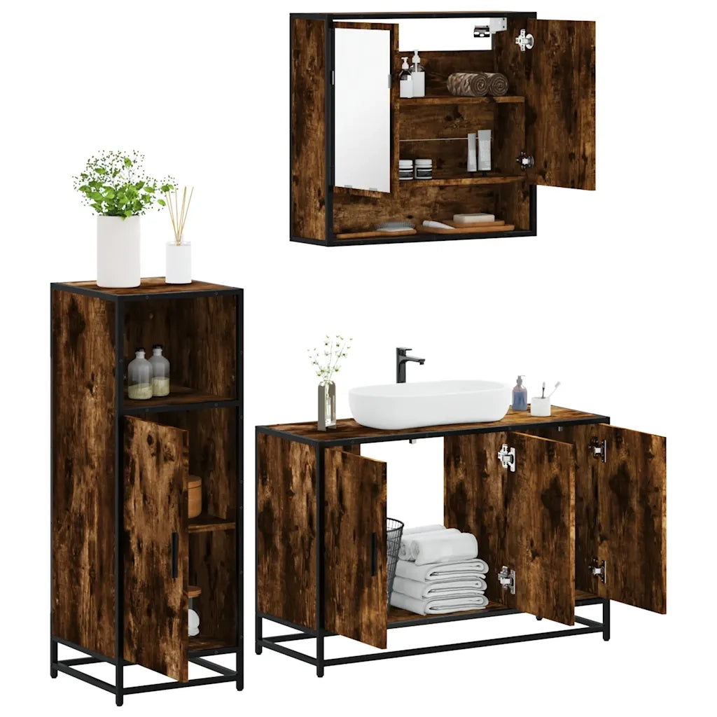 Set Mobili da Bagno 3 pz Rovere Fumo in Legno Multistrato 3300982