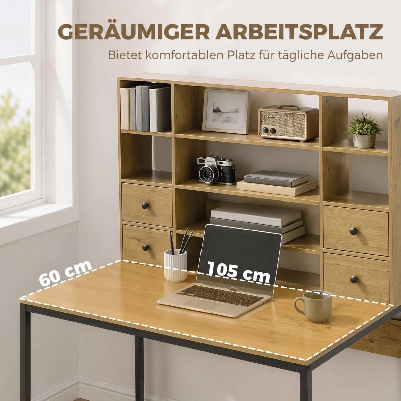 SCRIVANIA 105 cm con 4 cassetti e ripiani, legno naturale