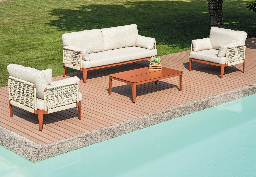 Salotto da esterno divano con poltrone e tavolino alluminio rosso, corda beige Bandol