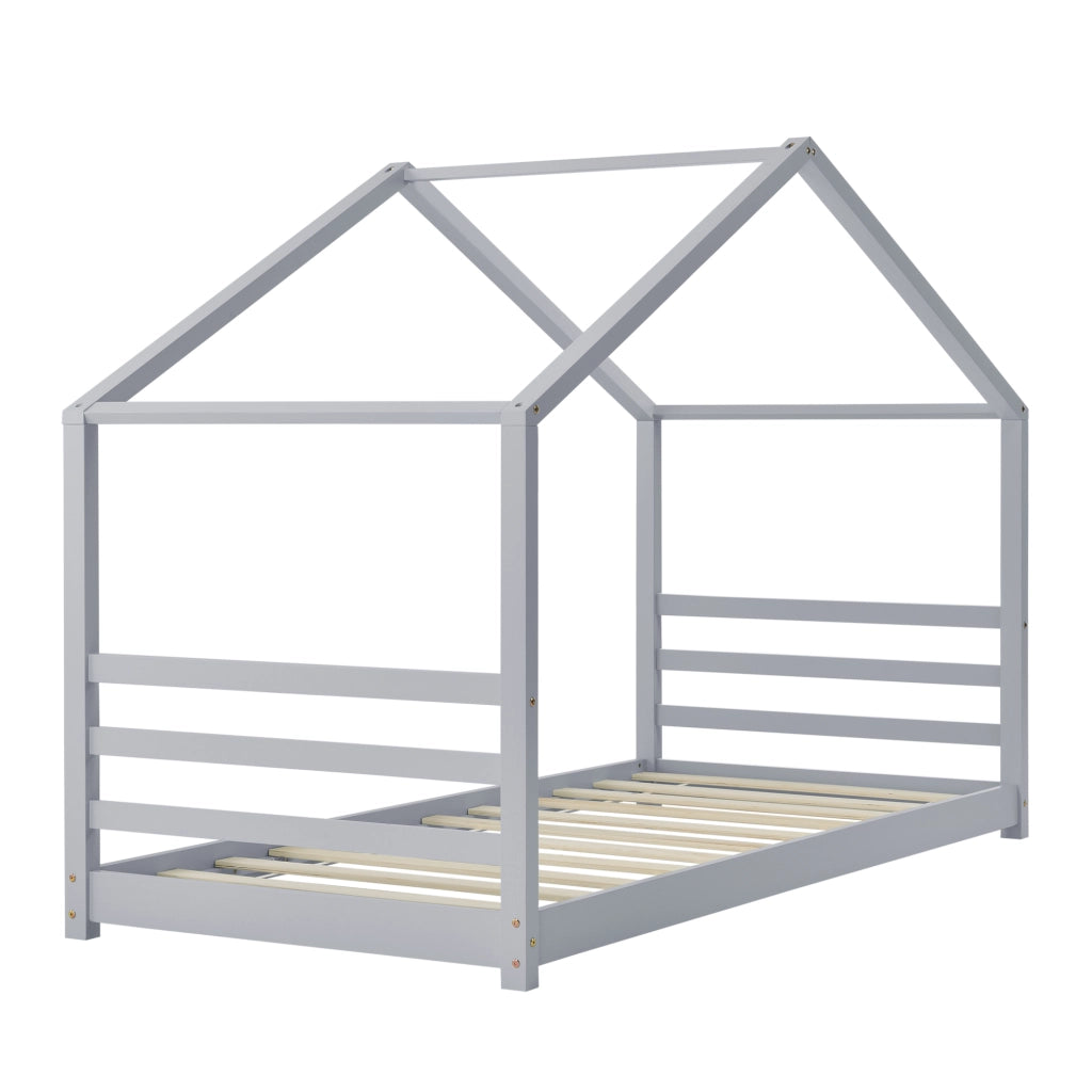 Letto per Bambino a Forma di Casetta con Materasso Ipoallergenico a Schiuma Fredda 90 x 200 cm Letto di Design Struttura in Legno di Pino - Grigio