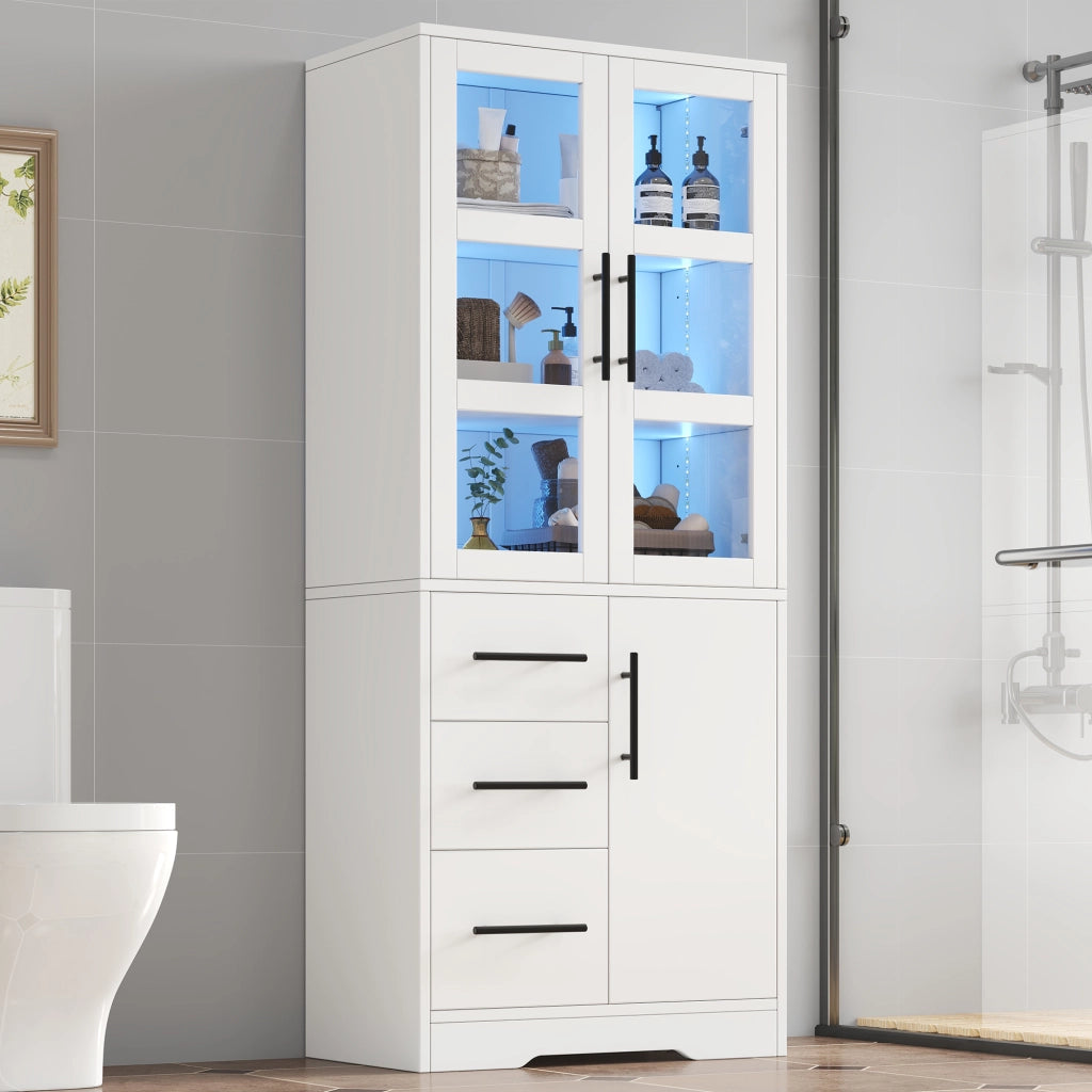 Armadietto da bagno con LED 3 cassetti 3 ante e ripiani regolabili per bagno e soggiorno bianco 72 × 35 × 170 cm