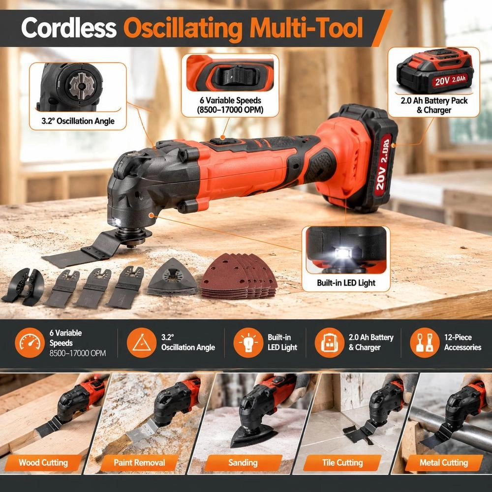 Cordless Oscillating Tool, 20V Oscillating Multi Tool Kit With 6 Variable Speeds 8500 - 17000 OPM, 3.2° Oscillating Angle, 2.0Ah Battery Pack & Charger, 12PCS Saw Accessories & LED Work Light