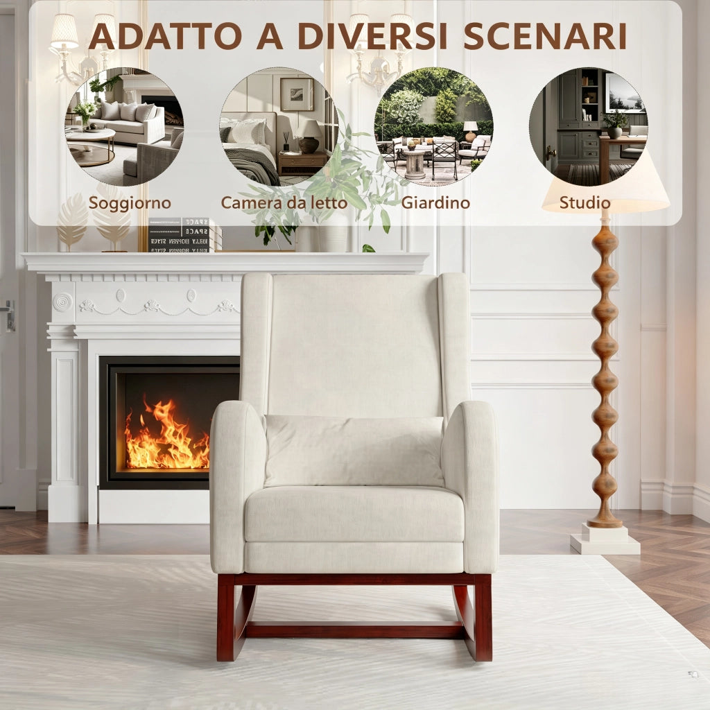 Poltrona relax a dondolo 67x64x99 cm con poggiapiedi; sedia a dondolo da interno per allattamento struttura in legno e velluto opaco; beige