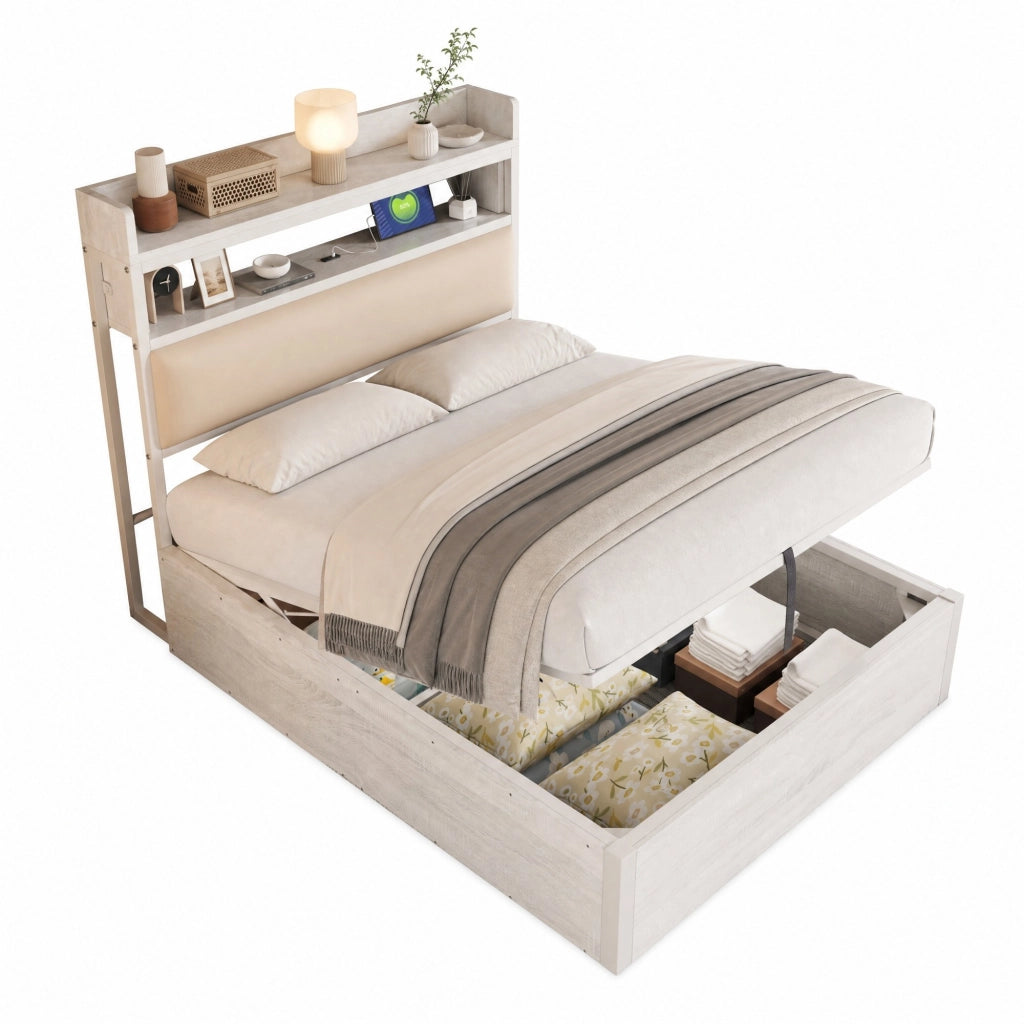 Letto singolo 90x200 cm con contenitore; meccanismo di sollevamento idraulico; USB; bianco