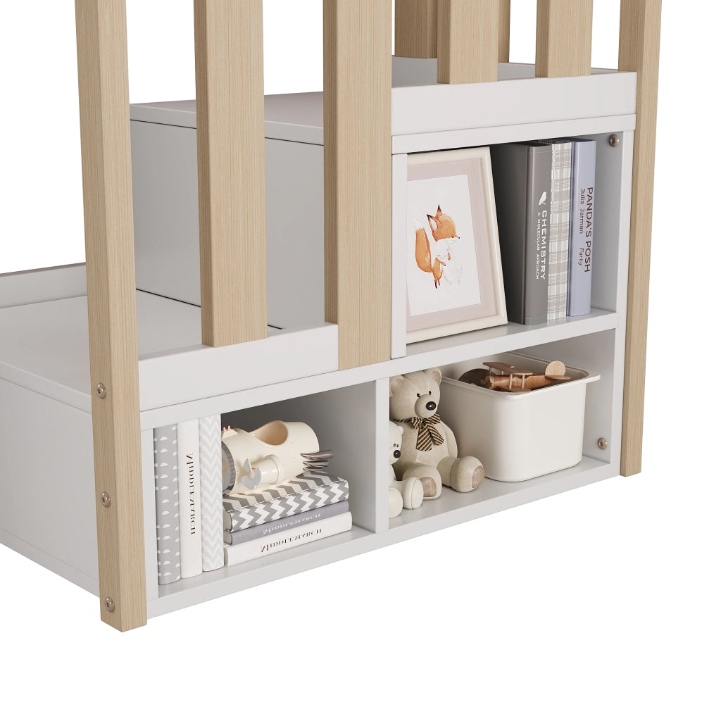 Letto a Soppalco Singolo 90x200 cm; 2 Armadi; Cassetti e Appendiabiti - Bianco