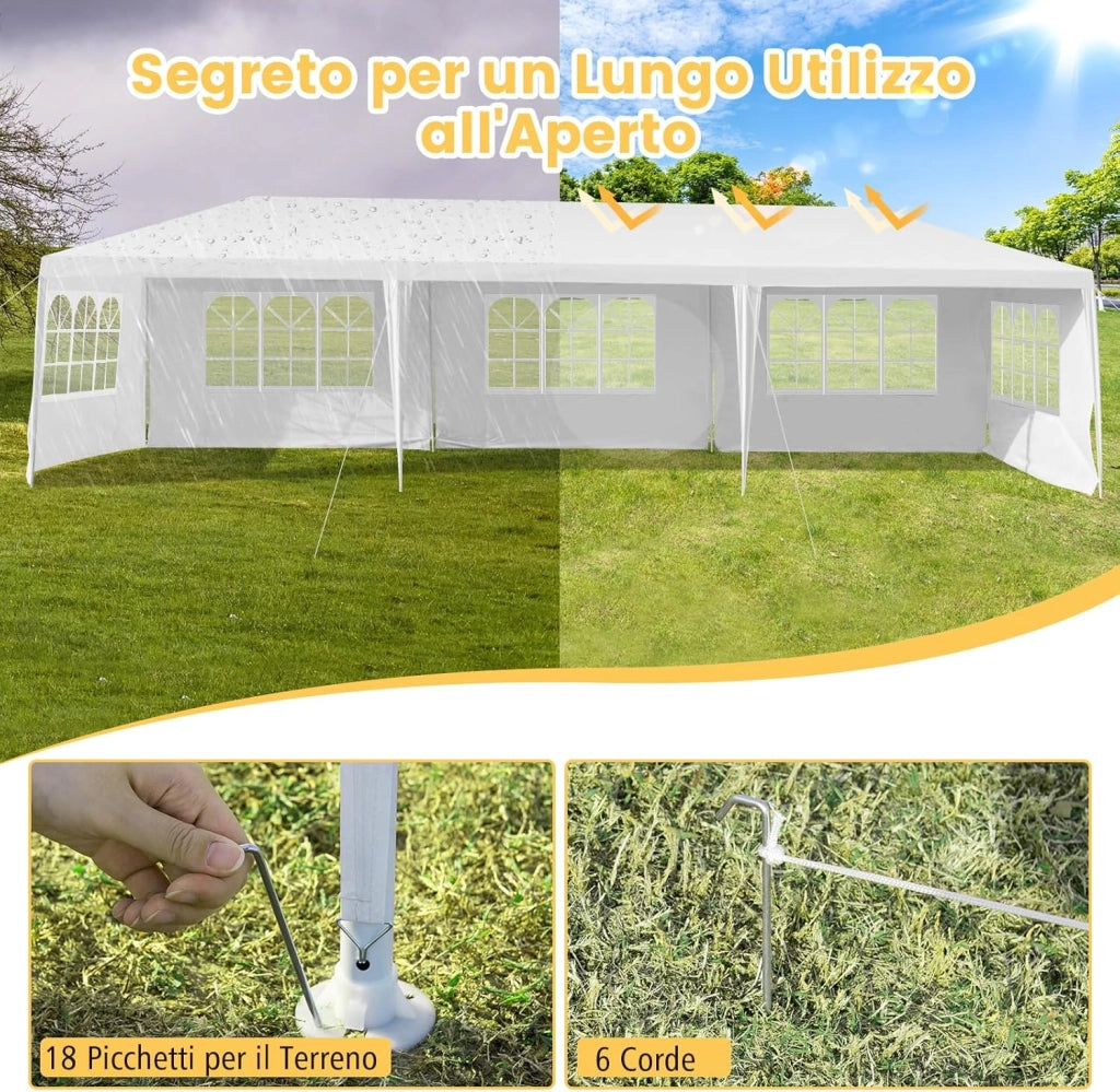 Gazebo da Giardino 3 x 9 m, Tendone per Feste con 5 Pannelli Laterali Rimovibili, Impermeabile Protezione UV, per Matrimonio Eventi e Barbecue