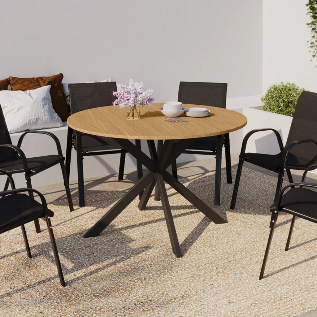 IDMarket - Tavolo da giardino rotondo MESSINA, 120 cm, 6 posti, gamba a ragno, piano in metallo effetto legno