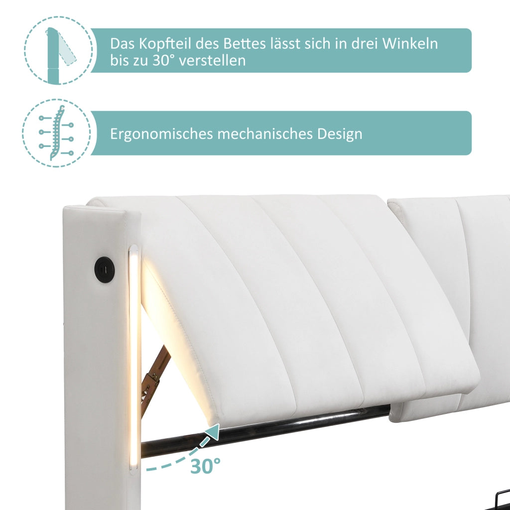 LETTO con contenitore 180x200 cm PU bianco con USB e LED