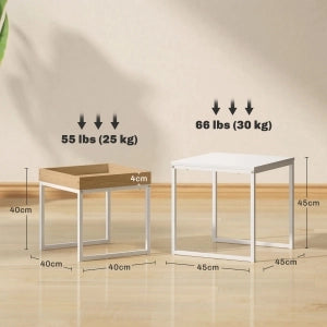 Tavolino da caffè 2 pezzi in MDF e acciaio, bianco, design moderno per soggiorno
