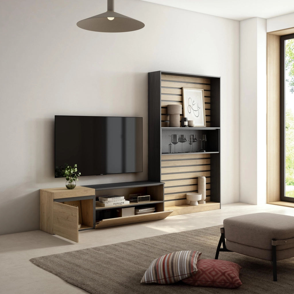 Mobile TV, Soggiorno, 260x35x186cm, Per TV fino a 65", Set di mobili, colore Rovere e nero RF2538