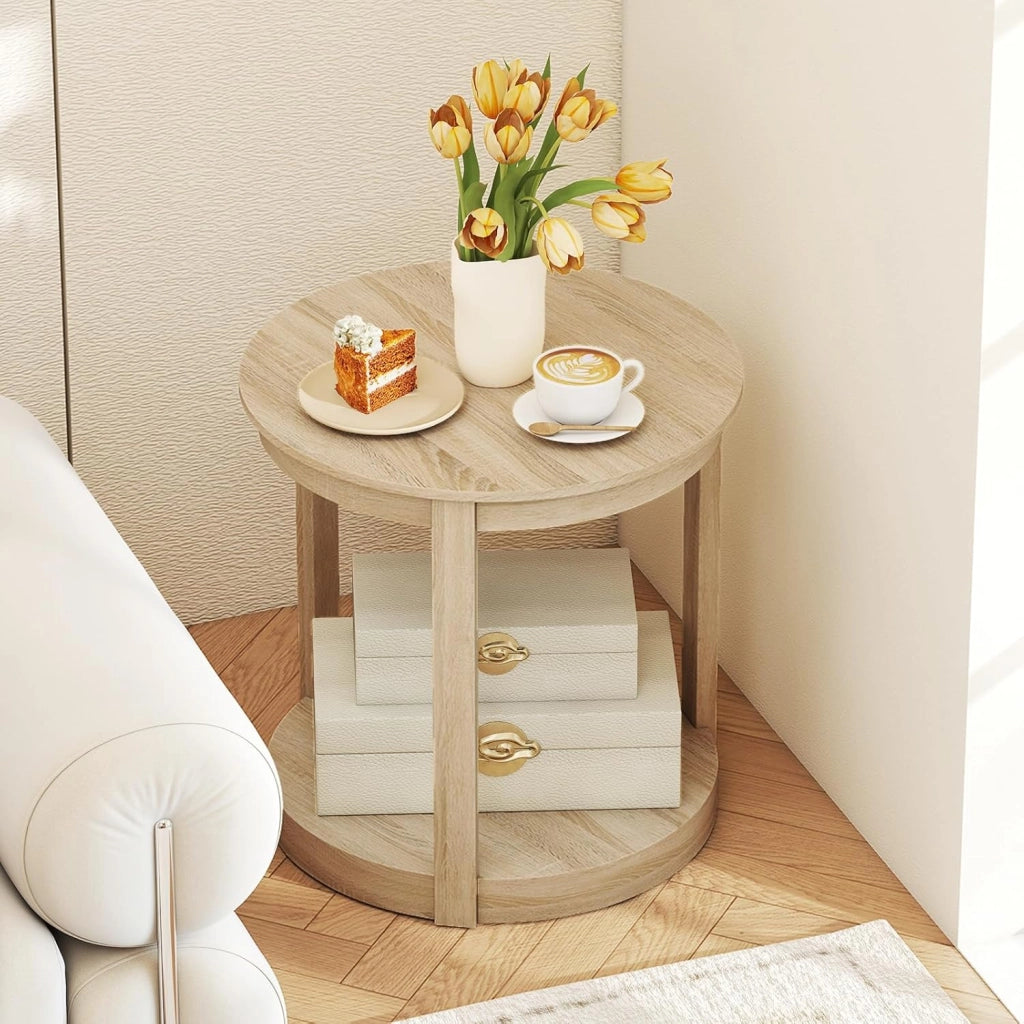 Tavolino Rotondo da Salotto, Tavolo da Caffè a 2 Livelli con Ripiano e Gambe in Legno di Gomma, Portata 160 kg, Tavolino in Legno per Soggiorno, Studio e Ufficio, 60,5 x 60,5 x 61 cm (Quercia)