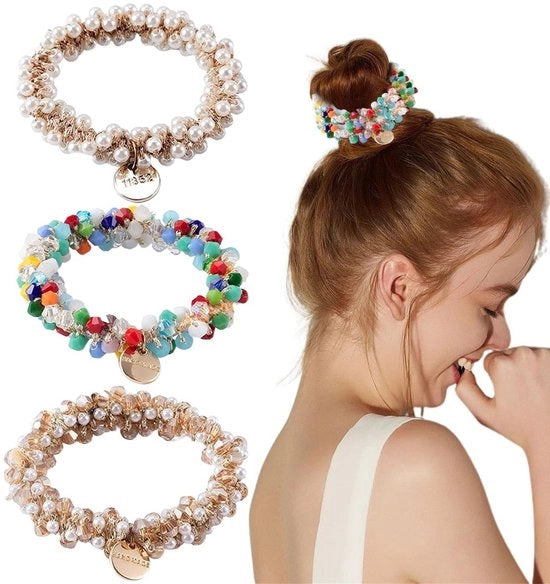 Elastici per capelli 3 pezzi - Elastici - Perle artificiali - Materiale morbido - Resistenti - Proteggono i capelli - Fascia per capelli