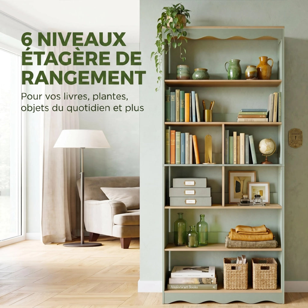 Libreria scaffale a 6 livelli con 6 scomparti aperti ¨C zephmum ¨C 76x24x180 legno naturale verde