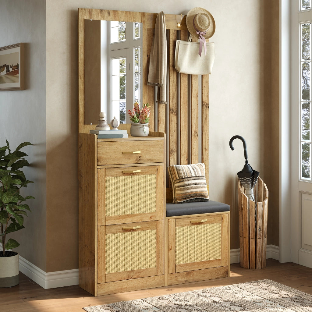 Mobile da ingresso con specchio, panca imbottita, ganci e vani ribaltabili, in MDF naturale, 99,5 × 26 × 180 cm