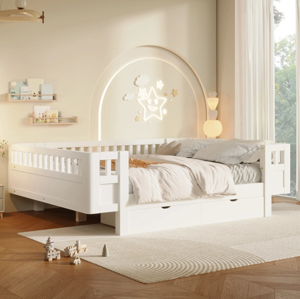 Letto a piattaforma 140x200 cm con protezione alta e due ampi cassetti, bianco