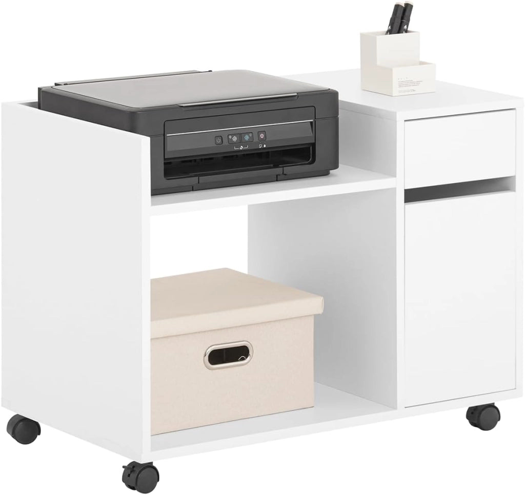 Cassettiera Scrivania con Ruote Mobiletto Ufficio Salvaspazio con Cassetto e Anta Supporto Stampante Schedario da Ufficio Bianco 72x40x54 cm ASK02-W