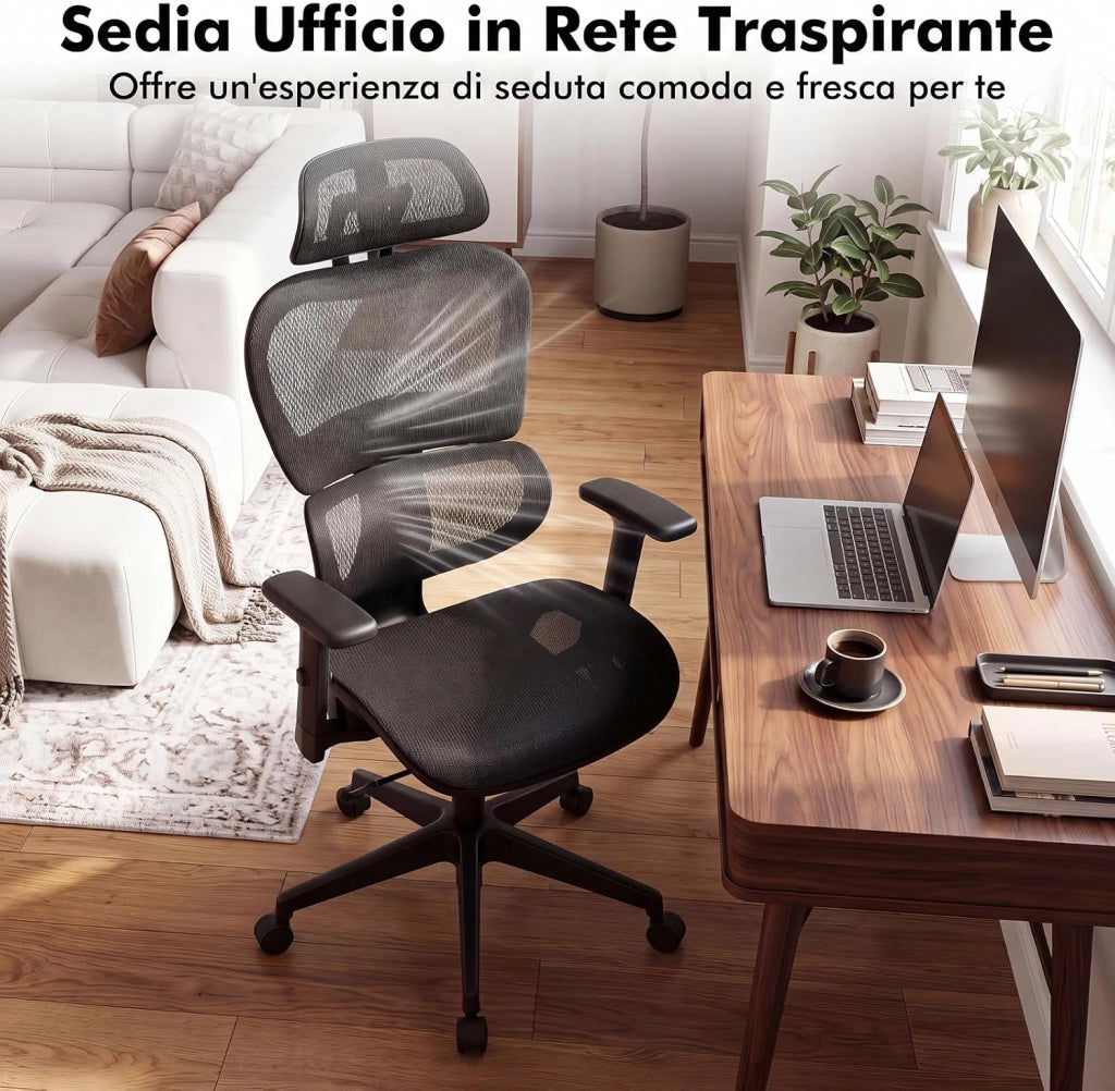 Sedia da Ufficio Ergonomica, Schienale Reclinabile | Poggiatesta Regolabile e Supporto Lombare, Altezza Regolabile, Poltrona con Ruote per Studio, Portata 125 kg