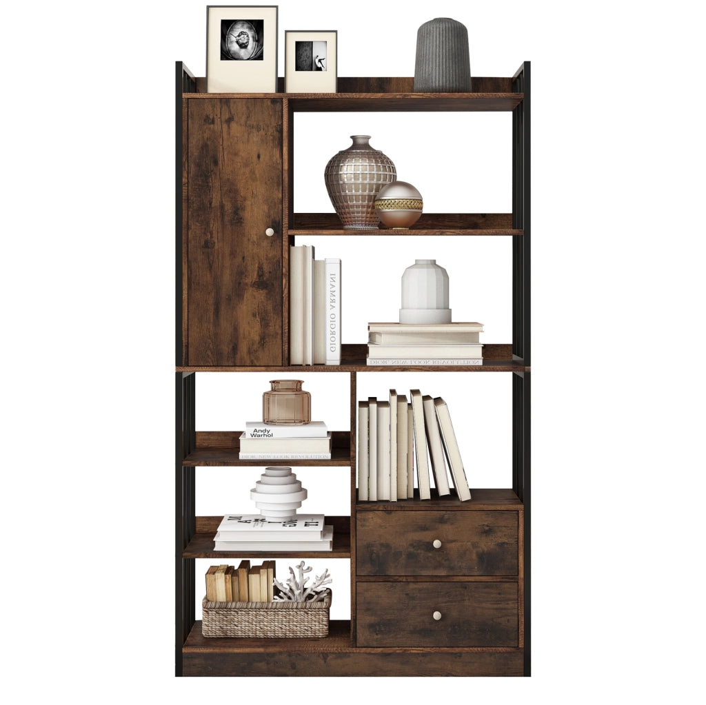 Libreria industriale 100x30x173;5 cm con ante e cassetti; effetto legno marrone nero