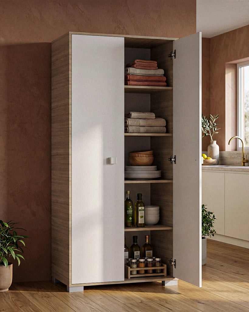 Armadio multiuso Clara 2 ante - Mobile contenitore dispensa salvaspazio - Ante in color Bianco e struttura in Olmo - 5 ripiani interni - 75x180x35 cm_