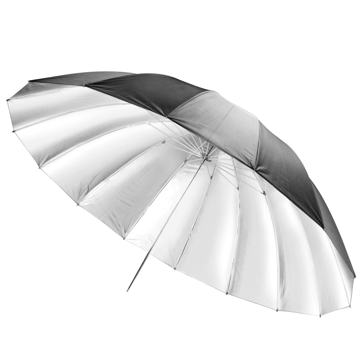 Ombrello reflex Ø 180 cm nero/argentato per luce dura, riflettore per fotografia di ritratto e di prodotto, sagomatore di luce per flash da studio, con montanti in fibra di carbonio