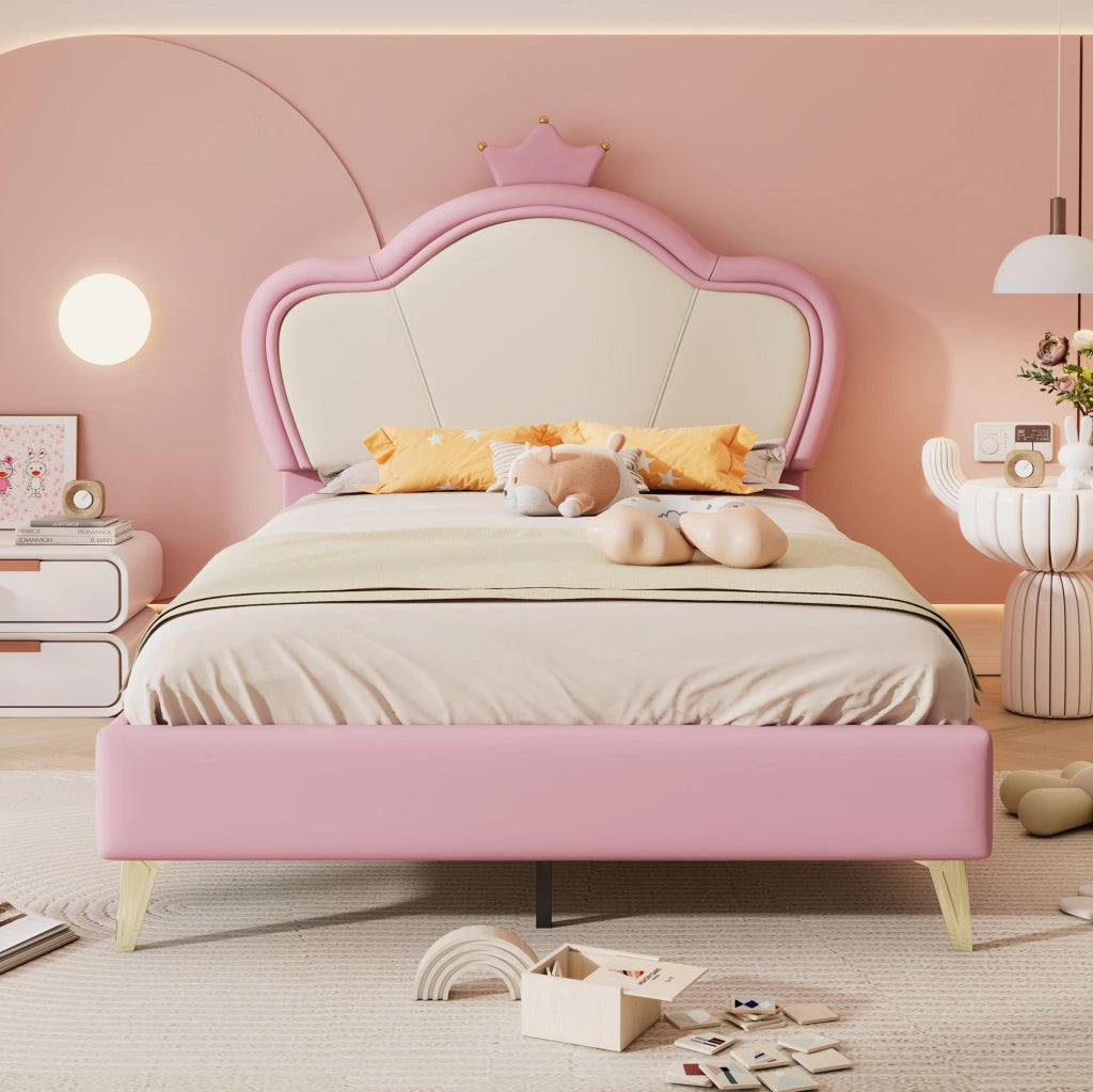 Letto per bambini imbottito 90x200 cm con testiera a corona; similpelle rosa e bianco