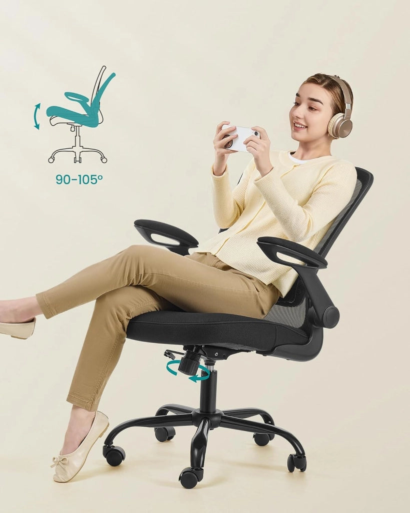 SONGMICS Sedia da Ufficio Girevole, Sedia di Rete da Computer Ergonomica, Supporto Lombare, Oscillante, Seduta 53 cm, Braccioli Pieghevoli, Nero OBN37BK