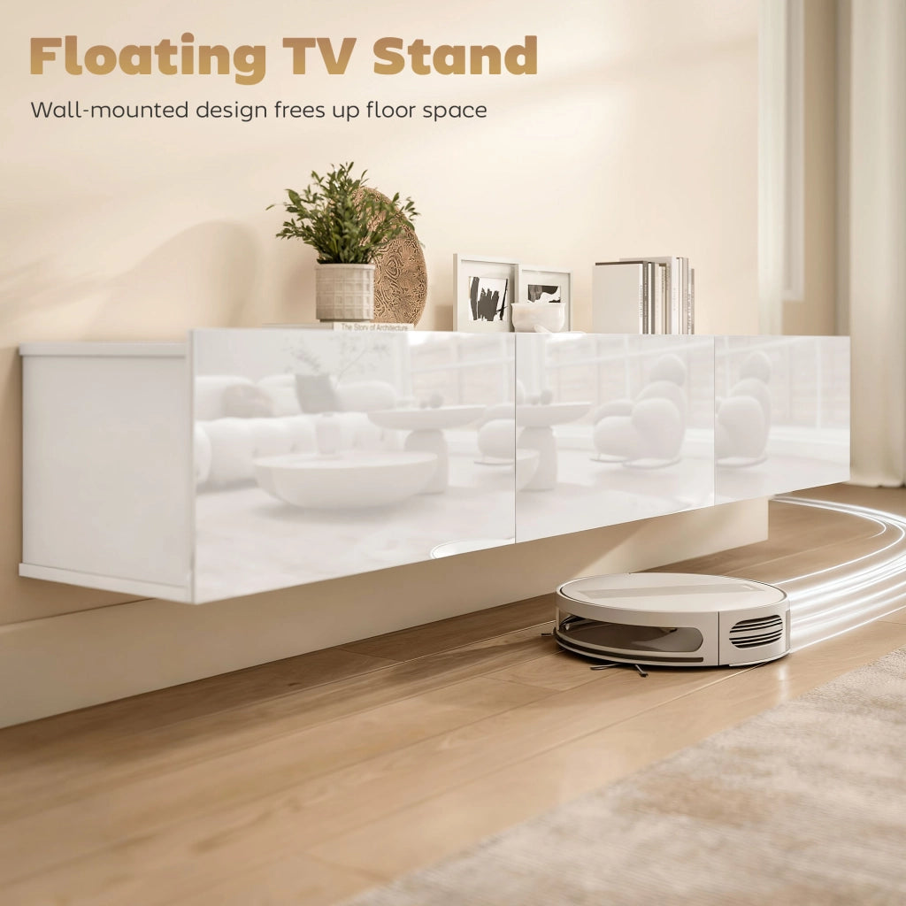 Mobile Porta TV fino a 82" Sospeso con 3 Armadietti a Ribalta e Ante Soft Close Bianco Lucido