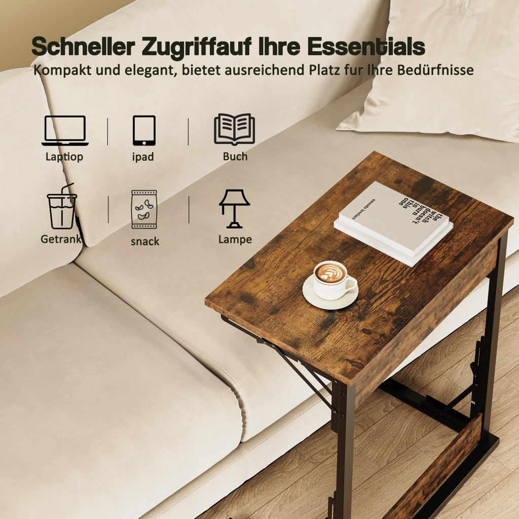 Tavolino basso a C pieghevole con struttura in metallo piano effetto legno per soggiorno e camera 60 × 37 × 71 cm