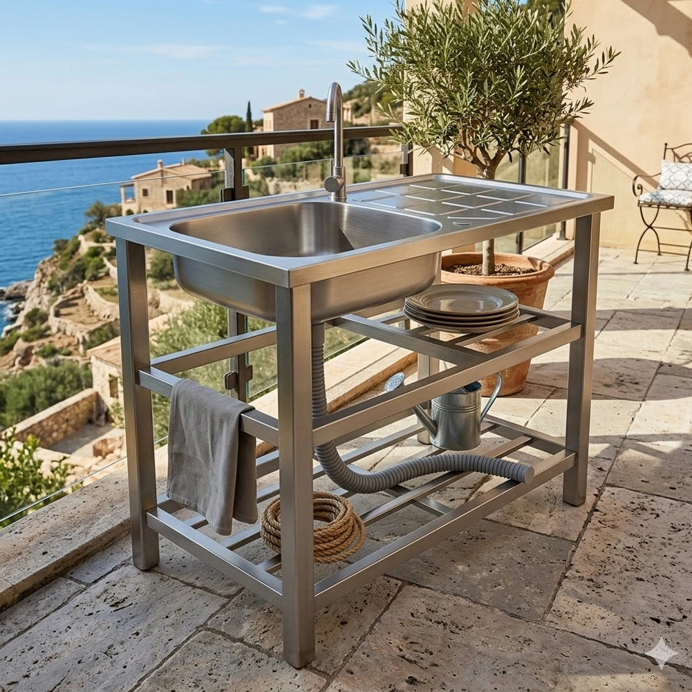 Lavello in Acciaio Inox Rubinetteria e Kit Sifone Ideale per Esterno 75x40x80cm