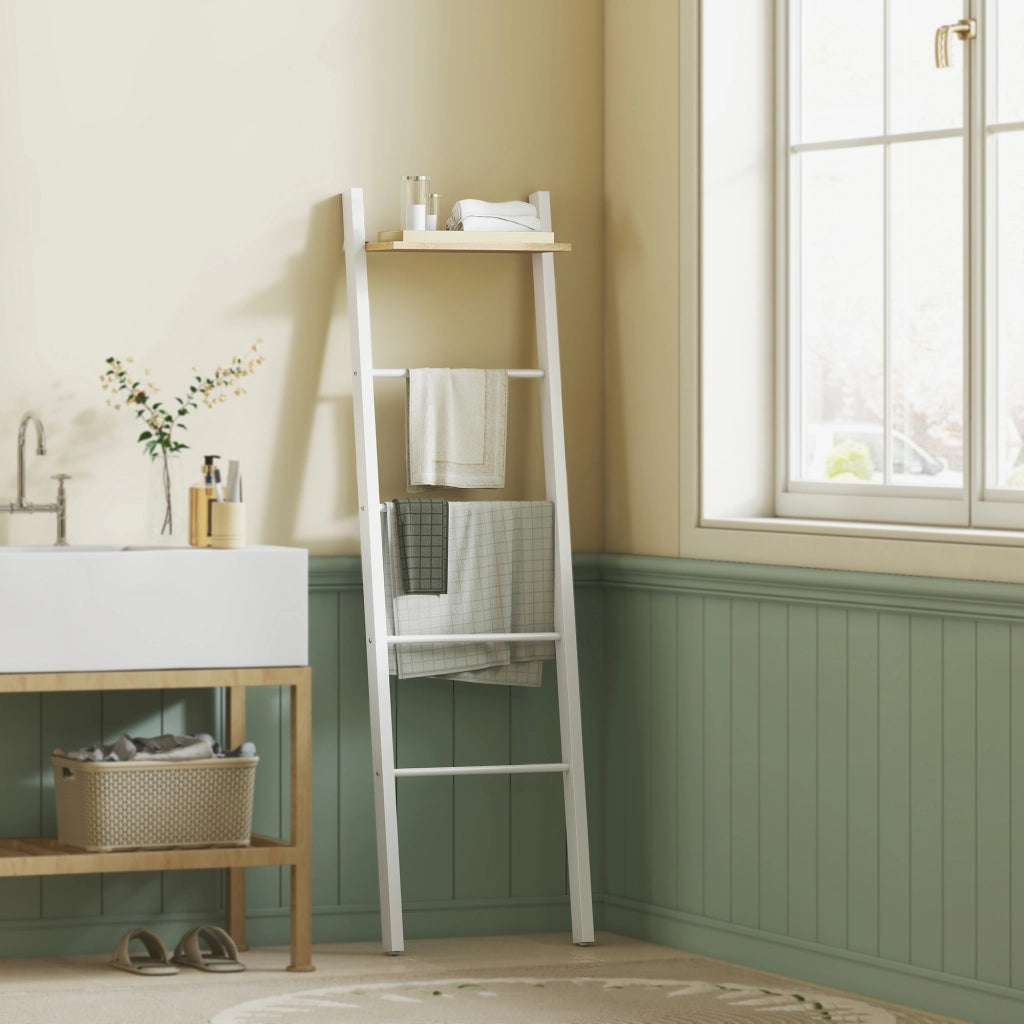 Scala Portasciugamani con Ripiano e 4 Barre ¨C zephmum ¨C Bianco e Rovere 43x20x151 cm