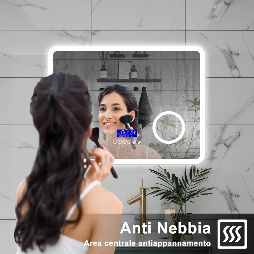 AICA Specchio da bagno  80 x 60 cm, dimmerabile, Blue tooth, Funzione Memoria, antiappannamento, 3 colori, Magnificatore,  orologio