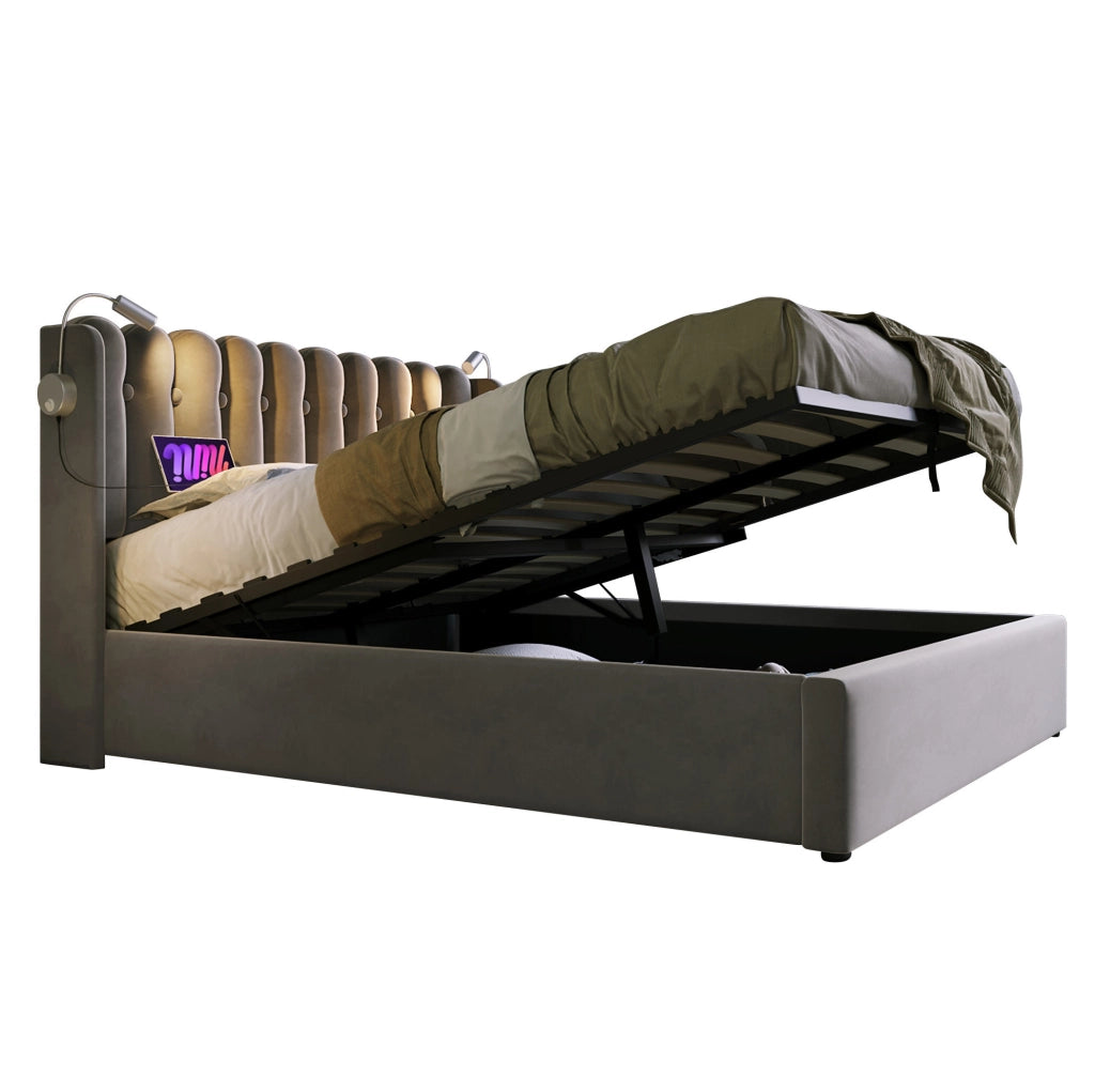 Letto matrimoniale 160x200 cm in velluto grigio con luce da lettura; USB e contenitore