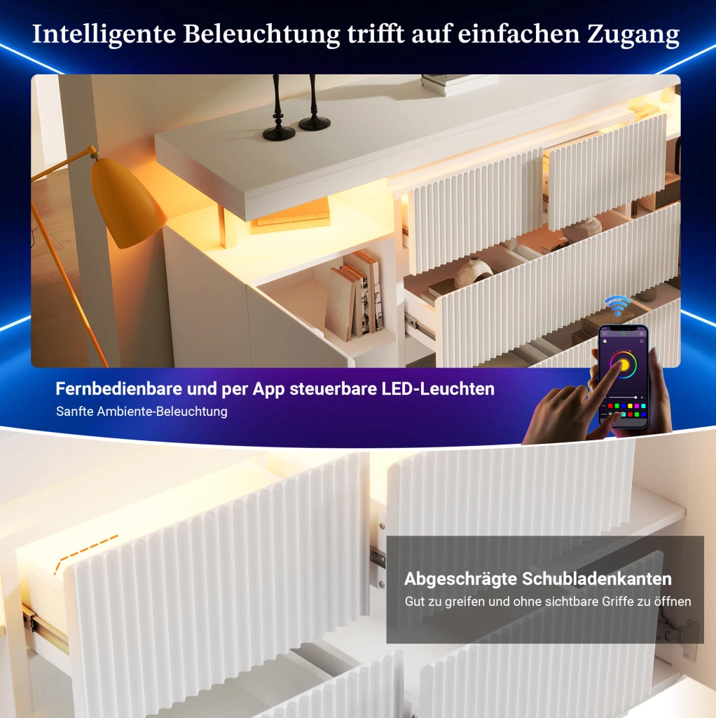 Credenza LED bianca 150 cm con 6 cassetti e 2 ante