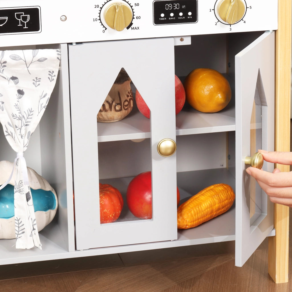 Cucina giocattolo per bambini con rubinetto, fornello, lavello, armadietto e spazio in MDF grigio 28.5 × 60 × 92 cm