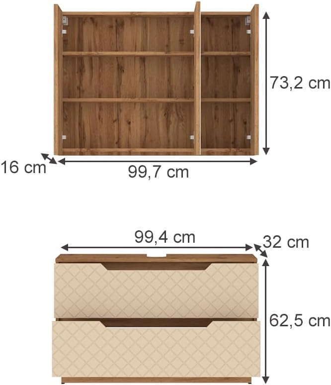 Set di mobili da bagno Lotta, Rovere/cashmere con struttura in piastrelle, 2 parti