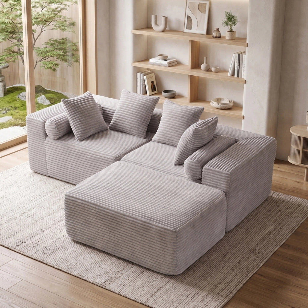 Divano modulare componibile 3 pezzi senza montaggio; chaise longue ampia; grigio