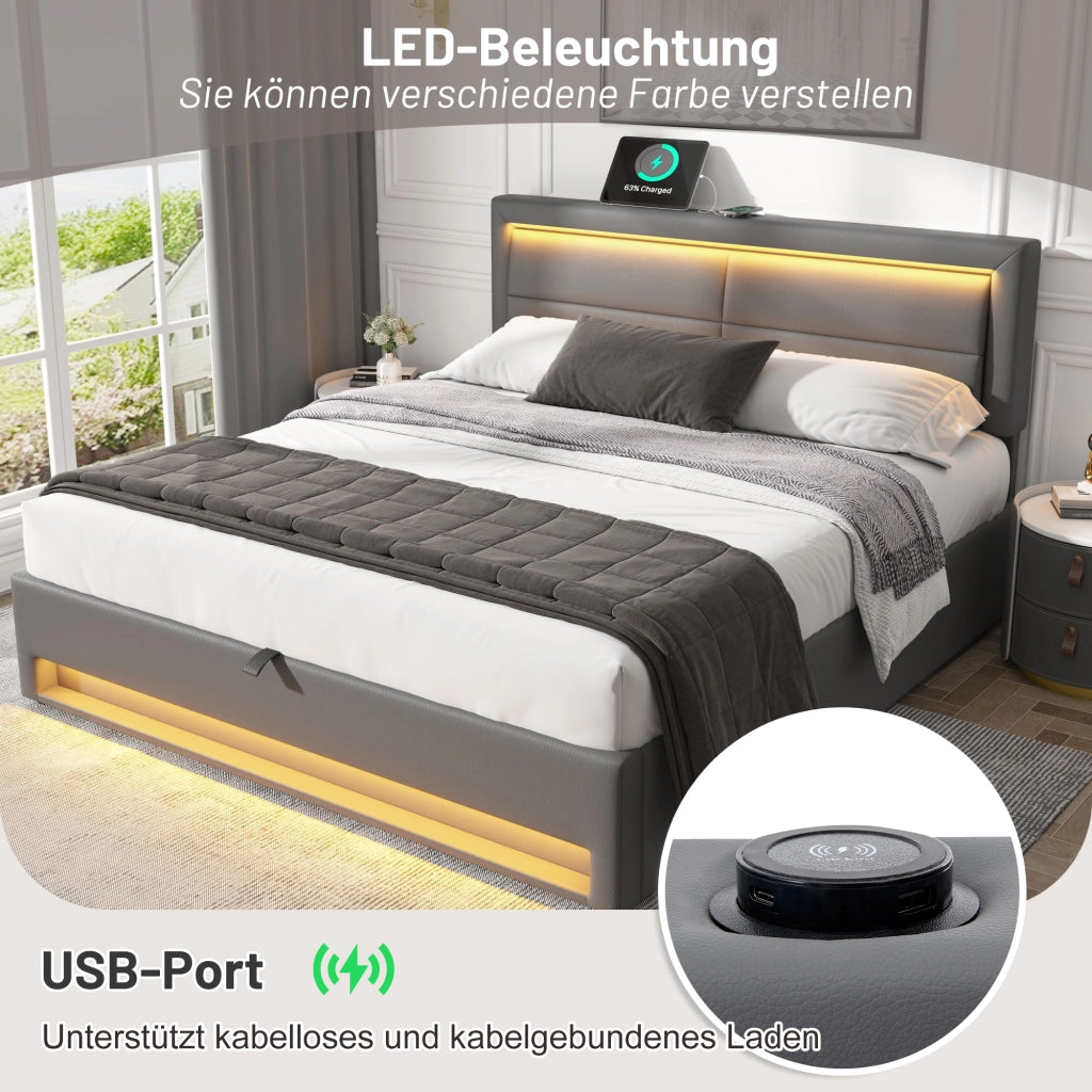Letto in PU grigio 160x200 con motivo litchi USB wireless/cablato LED vano