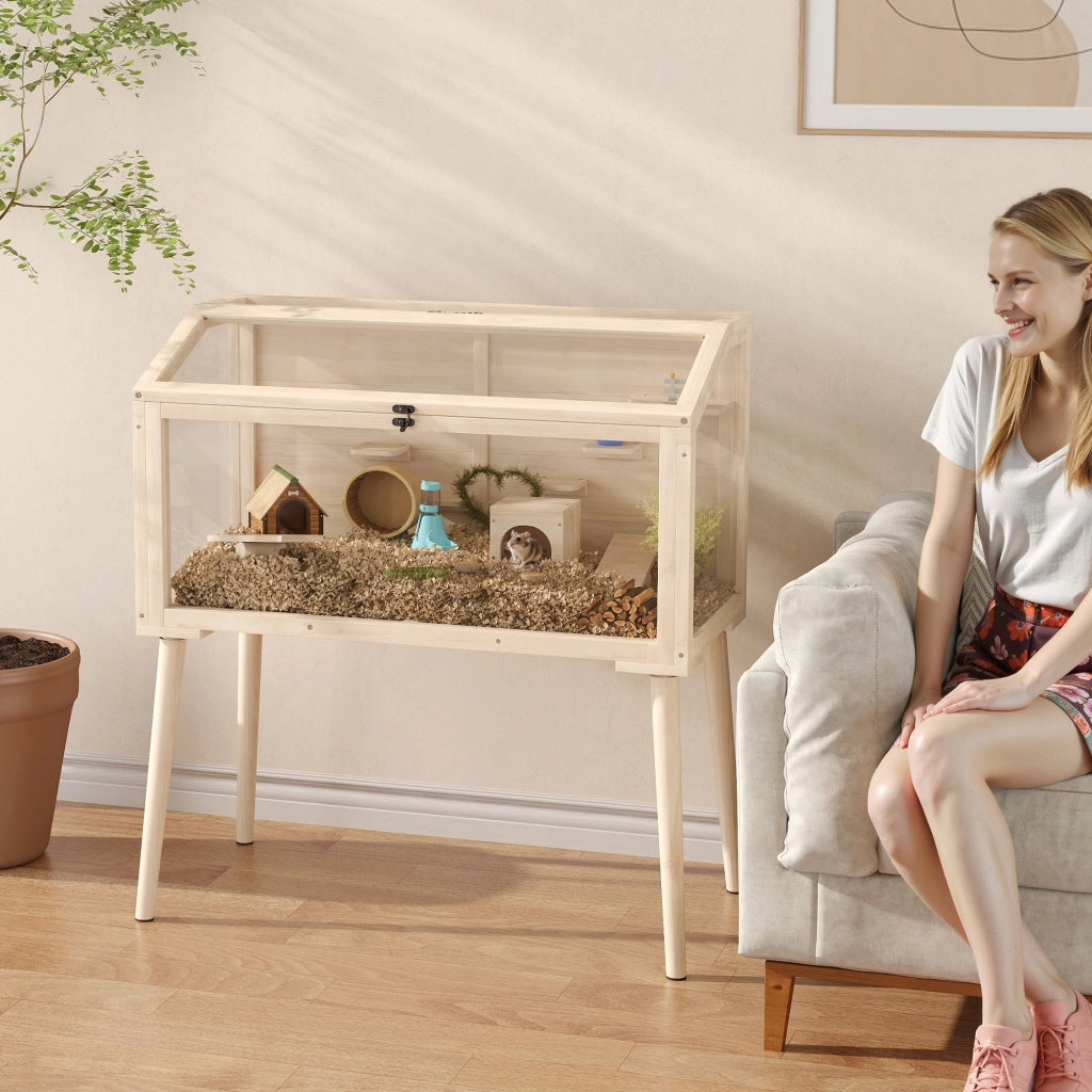 Gabbia per criceti in legno con tetto apribile 7 piattaforme 2 altalene ¨C Minimal ¨C 110x52x101cm effetto legno naturale