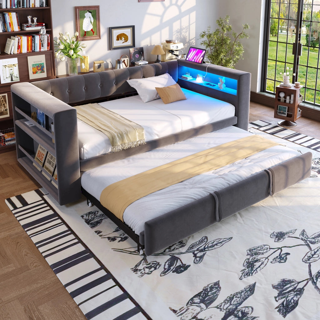Divano letto multifunzionale 90/180x190 cm in flanella grigio scuro con LED, presa integrata e vani contenitore