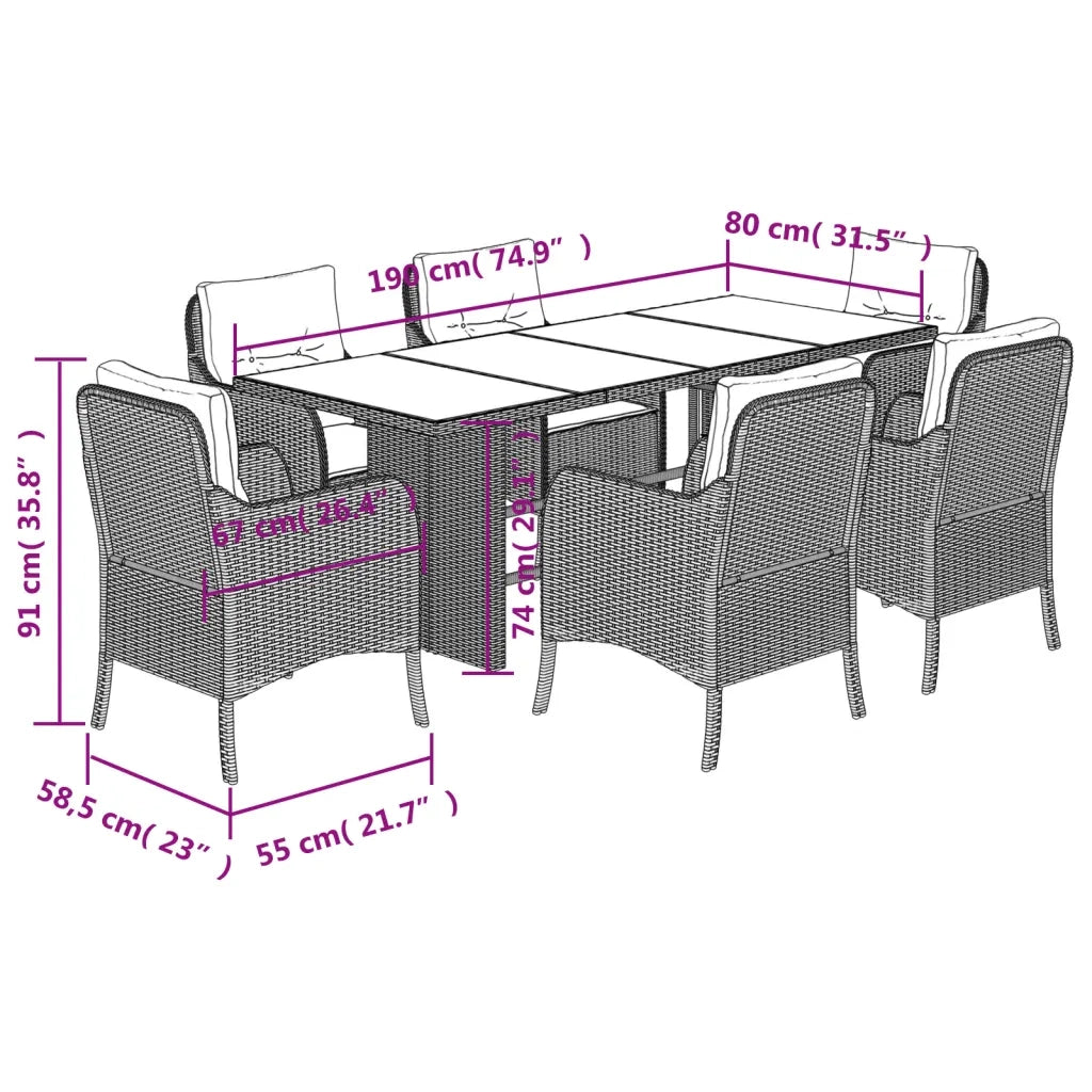 Set da Pranzo da Giardino 7 pz Nero con Cuscini in Polyrattan 3211880