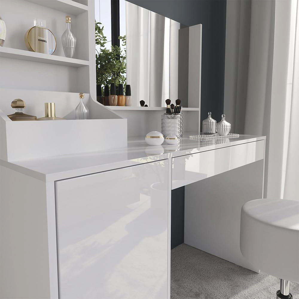 Tavolo da toeletta Sherry, Bianco/bianco lucido, 119.8 cm 4 parti