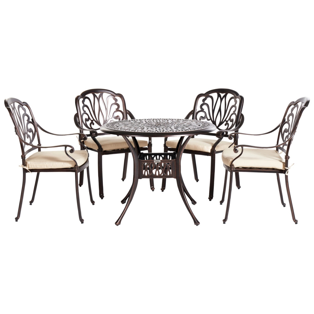 Set da pranzo da giardino Tavolo da esterno in alluminio marrone 4 sedie Cuscino per sedile in poliestere