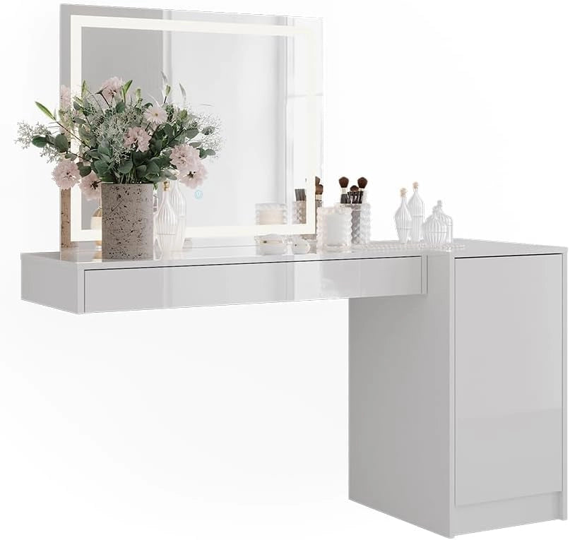 Tavolo da toeletta Sherry, Bianco, 100 cm 4 parti, con illuminazione LED e grande specchio per montaggio a parete
