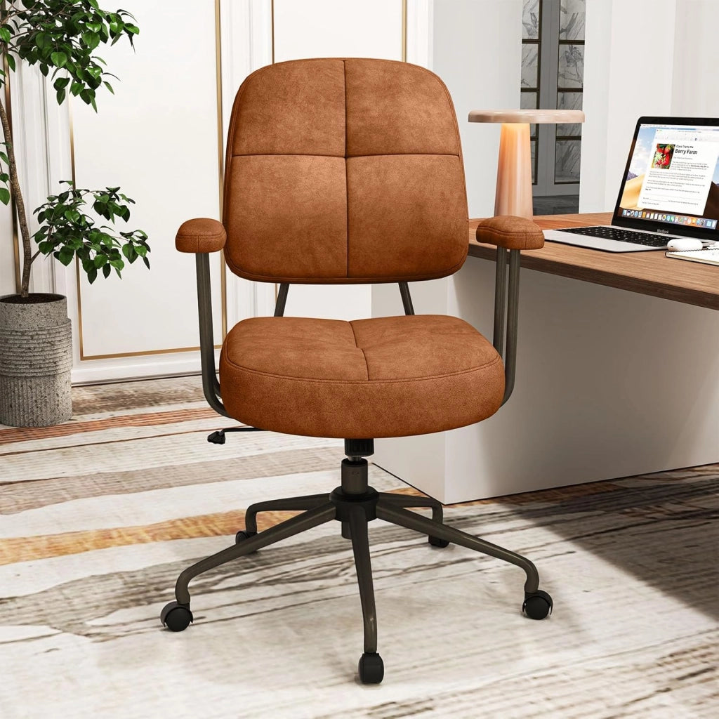 Sedia da Ufficio, con Schienale e Braccioli, Sedia Girevole Regolabile con Funzione a Dondolo e Ruote per Camera da Letto, Studio, Portata 150 kg (Marrone)