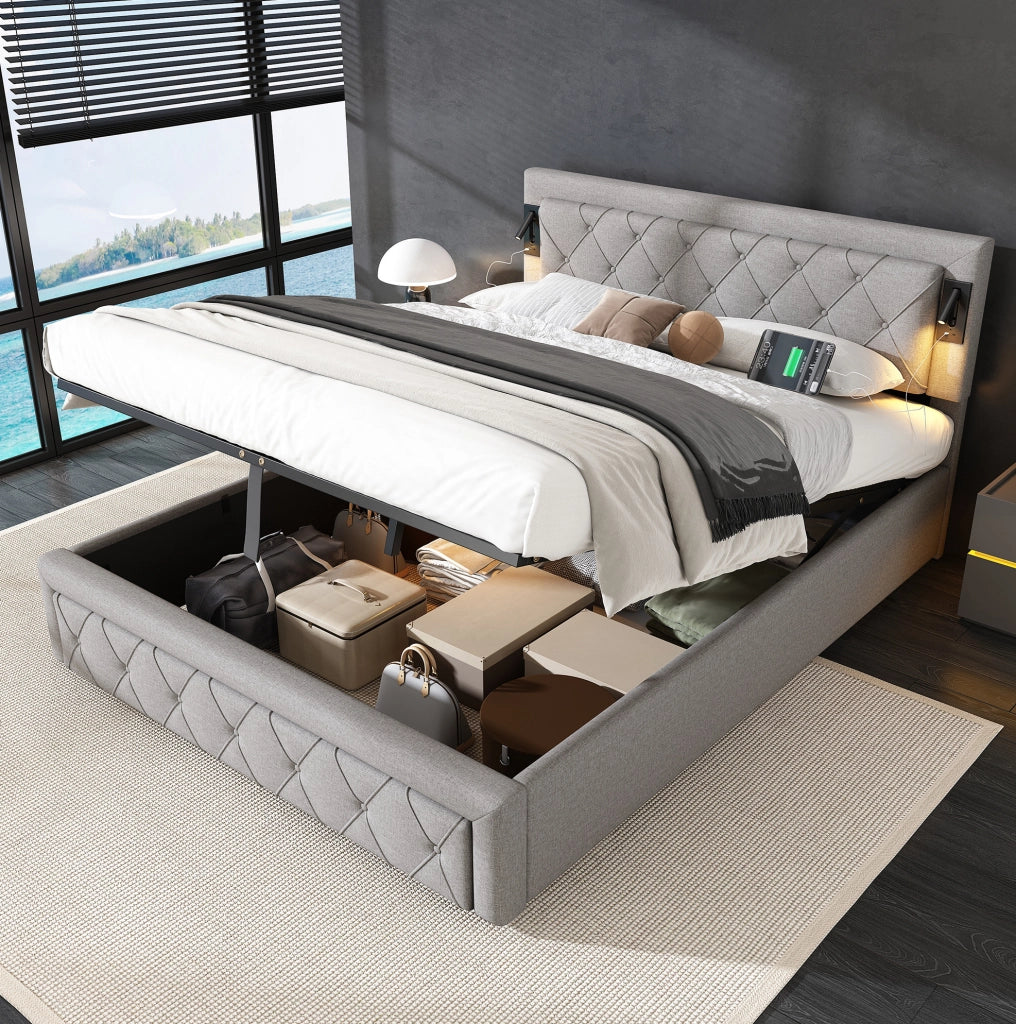 Letto imbottito contenitore con Downlight e USB; rete a doghe in legno; lino grigio