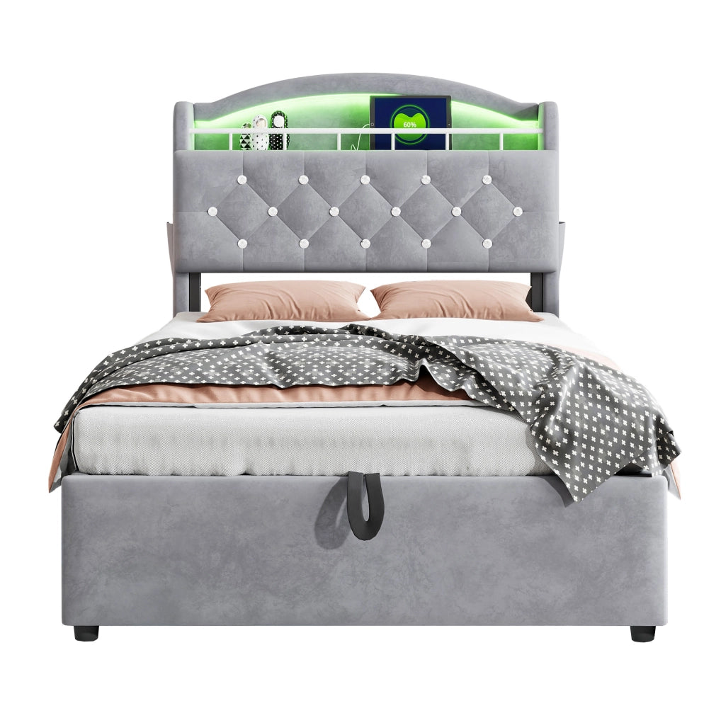 Letto imbottito per bambini 90x200 cm con contenitore; LED; USB e portaoggetti; grigio