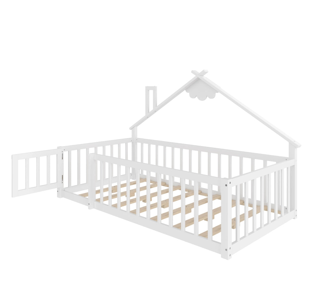 Letto per bambini 90x190 cm; casetta con sponda di sicurezza; legno e MDF; bianco (Senza materasso)